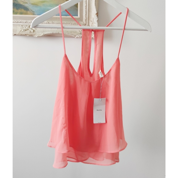 BERSHKA Flowy Spaghetti Strap Coral Blouse - Picture 1 of 6